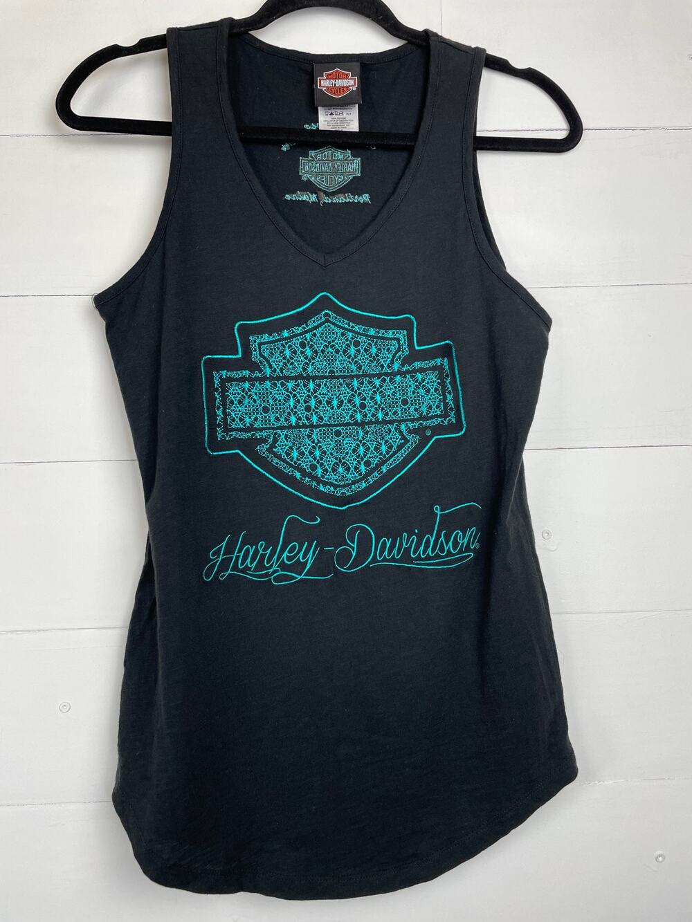 Harley Davidson Wms Tank Top M Black Teal Lace Embroidered Bar Shield Portland